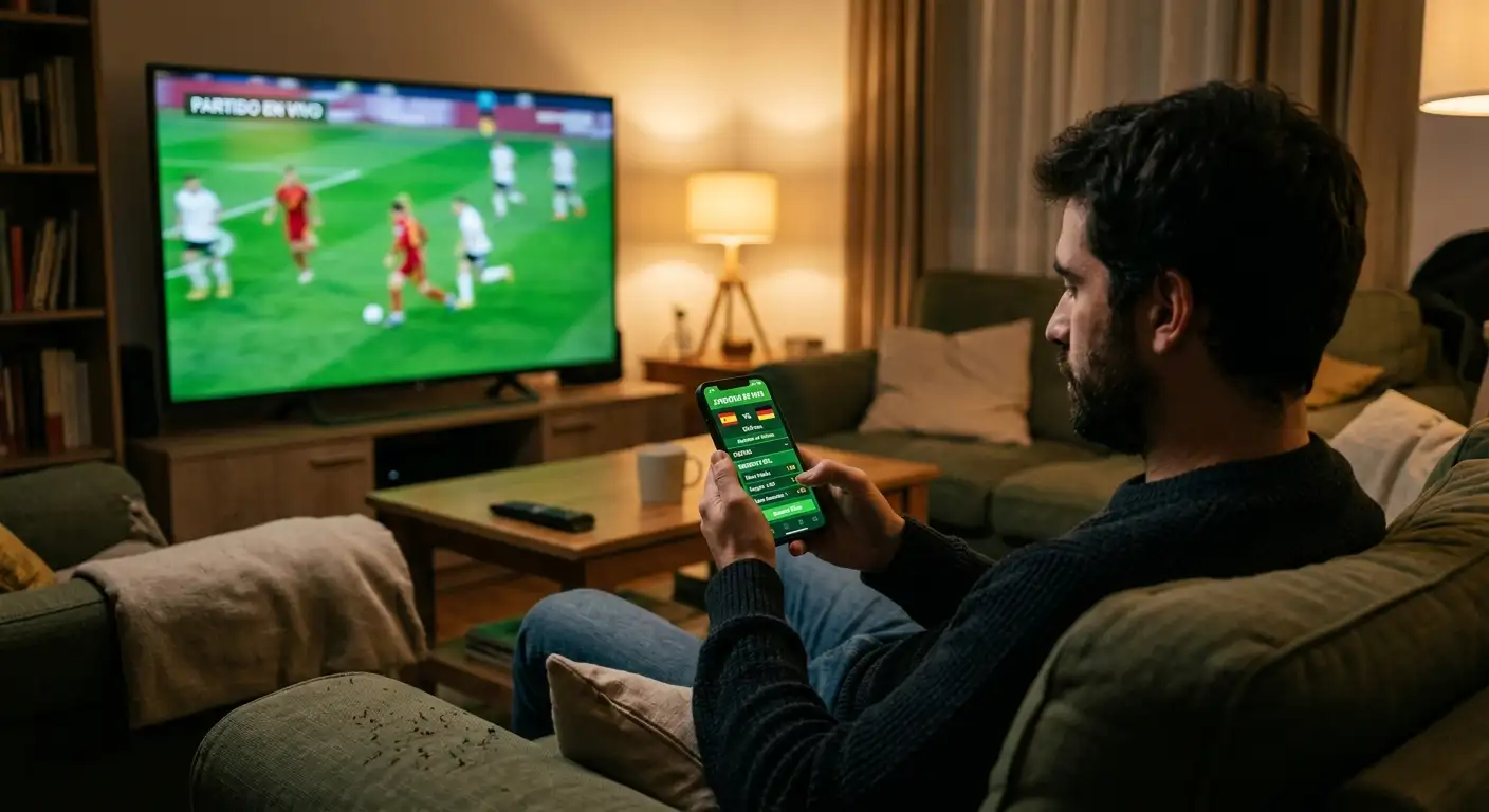 Persona siguiendo un partido de fútbol en directo con la aplicación de apuestas en el móvil