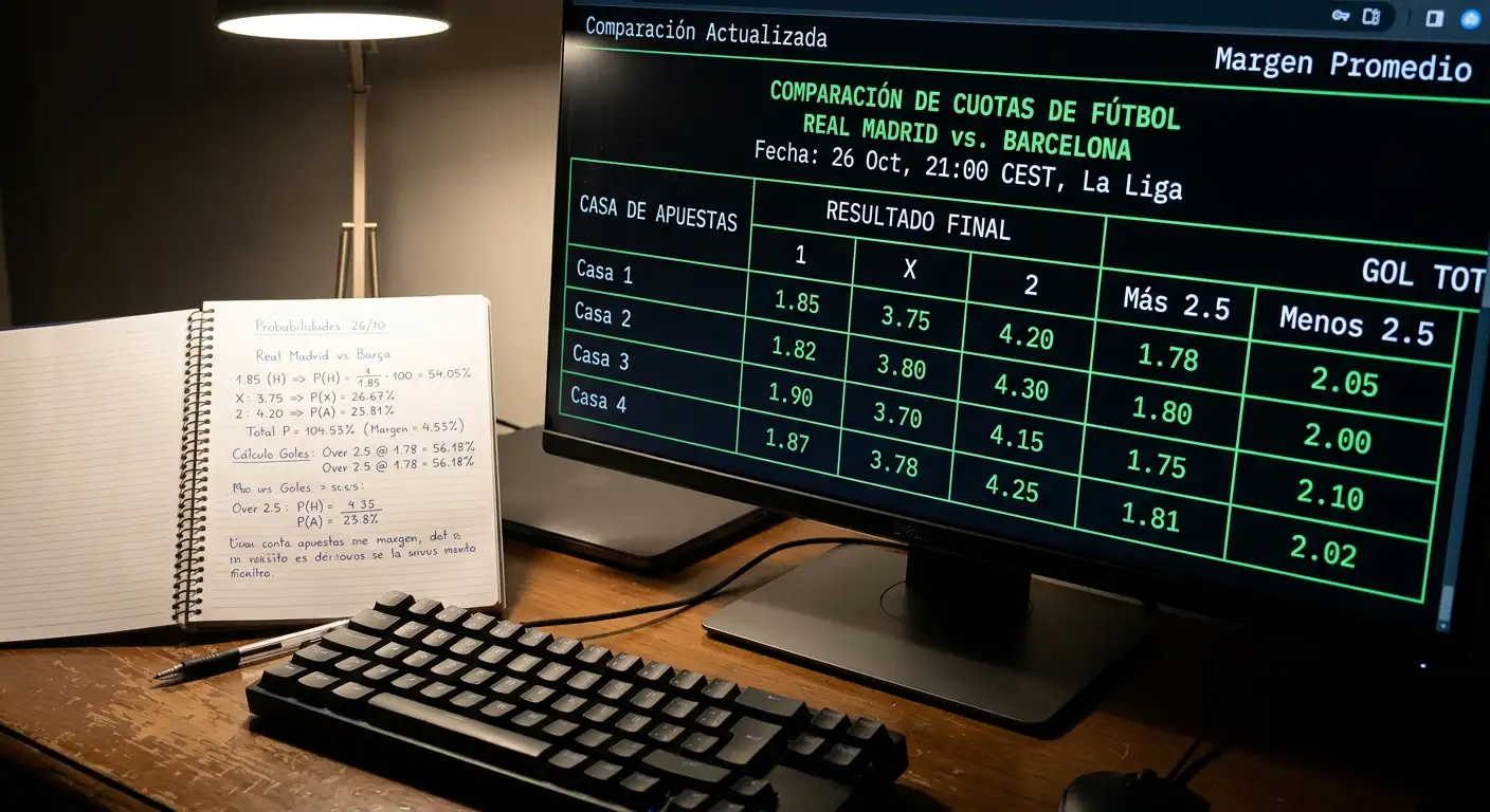 Pantalla mostrando cuotas decimales de un partido de fútbol con cálculo de probabilidad implícita