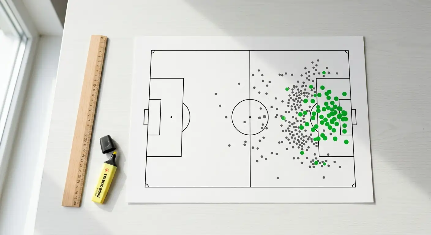 Representación visual de expected goals xG sobre un campo de fútbol con zonas de disparo