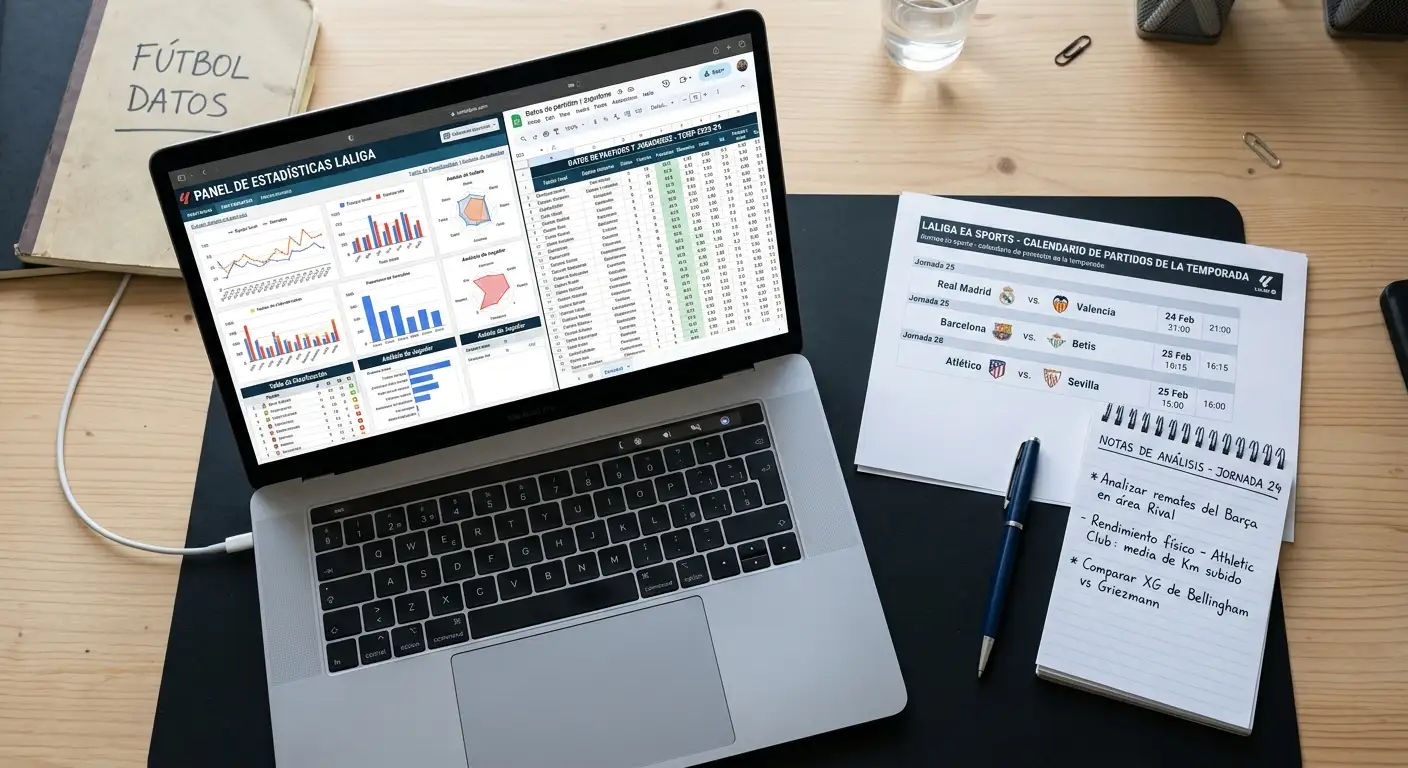 Analista revisando estadísticas de fútbol en una pantalla con datos de LaLiga