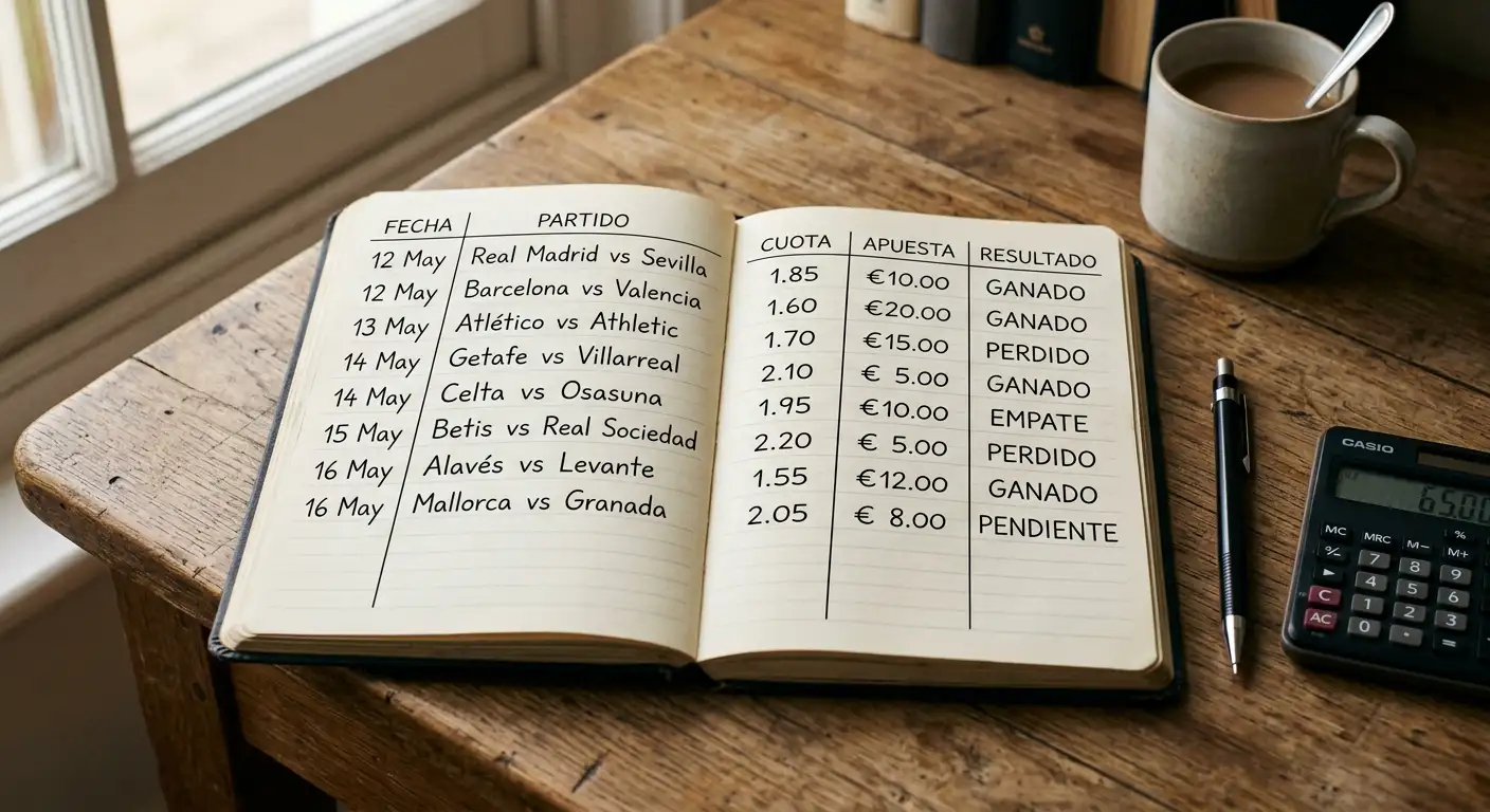 Cuaderno de registro de apuestas deportivas con anotaciones de stake y rendimiento