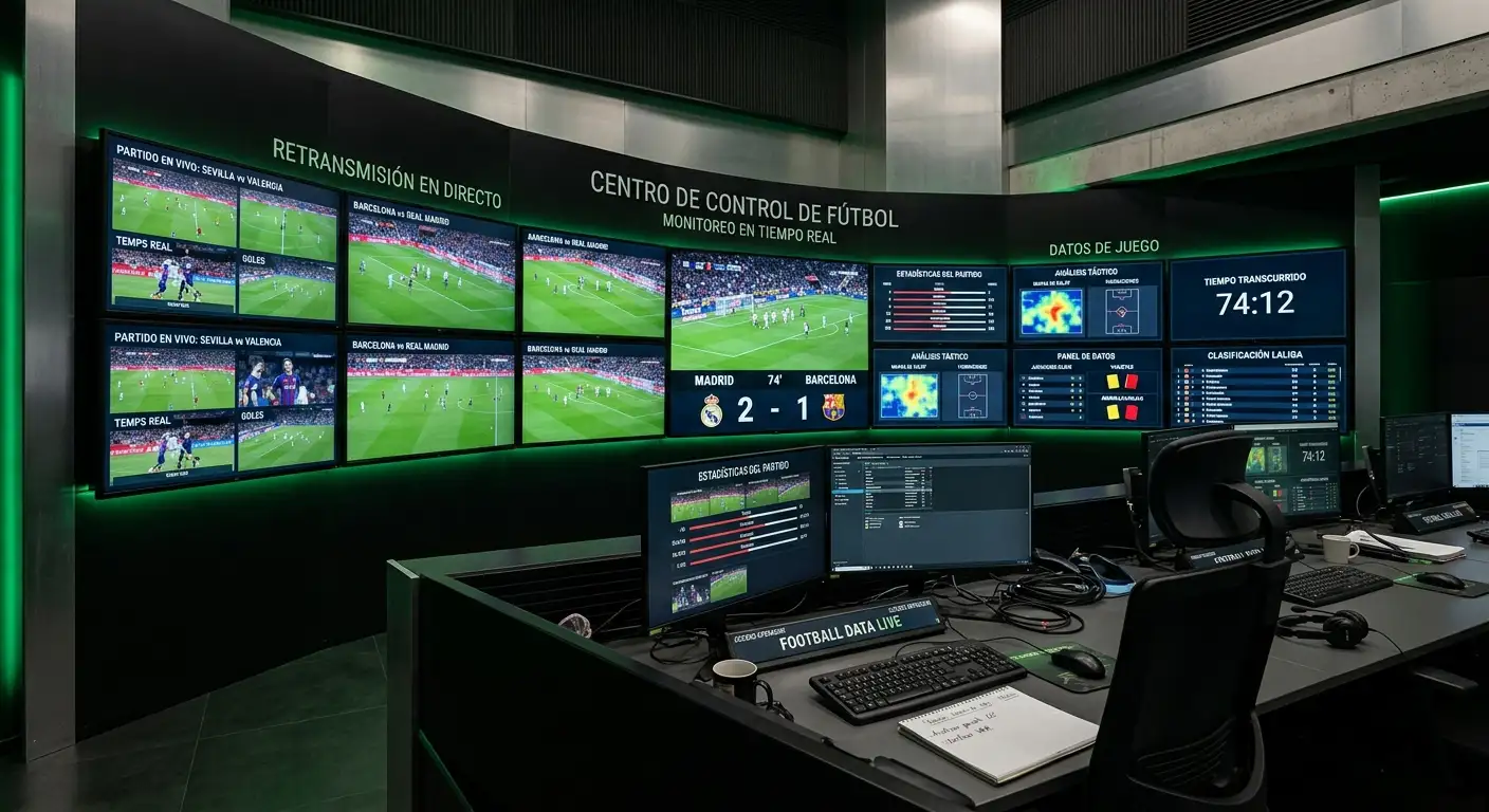 Centro de monitorización con múltiples pantallas analizando datos de partidos de fútbol