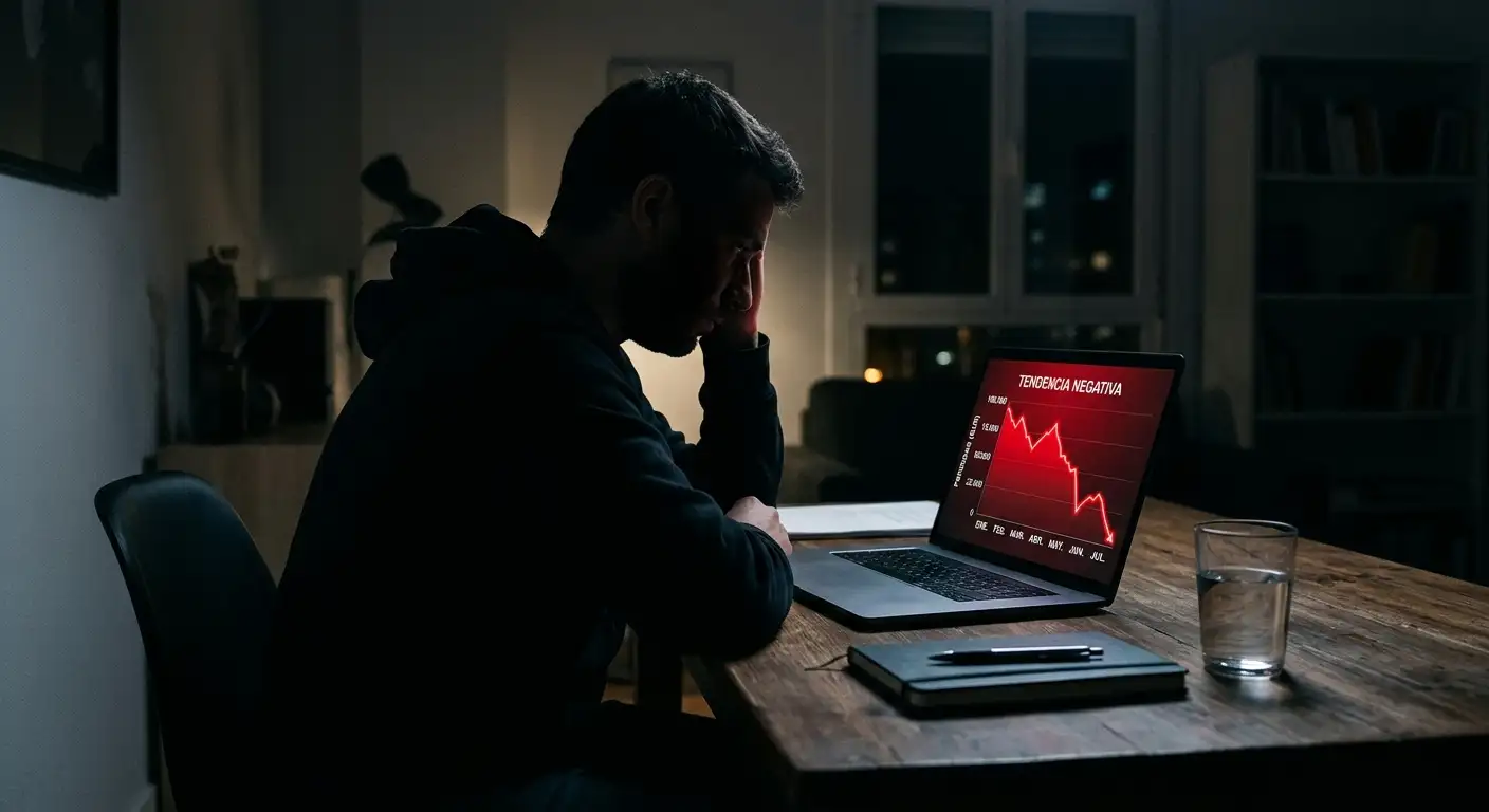 Persona reflexionando con expresión seria frente a estadísticas deportivas en pantalla