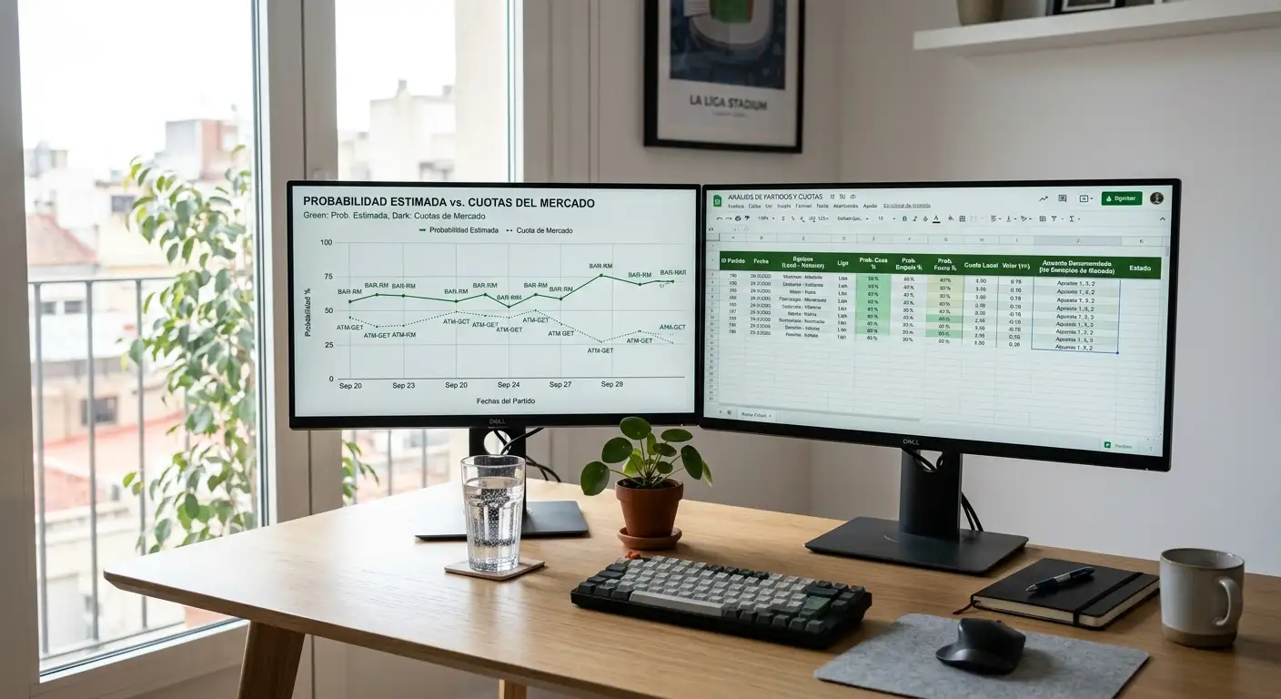 Espacio de trabajo con gráficos de cuotas y notas de análisis de apuestas de valor en fútbol